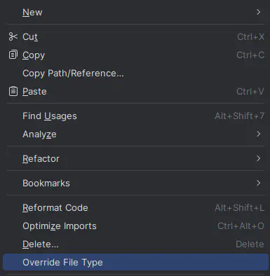 image of a right-click menu when is clicked over a file inside IntelliJIDEA IDE file tree