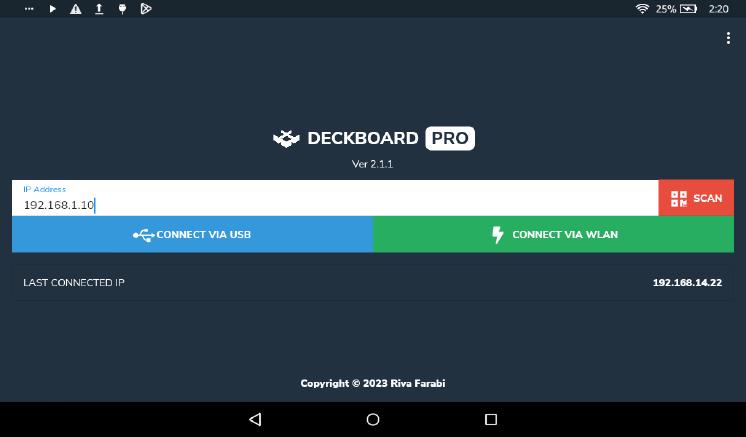 pantalla inicial de Deckboard con las opciones de conexión y parámetros Amazon Fire 8 Gen 7